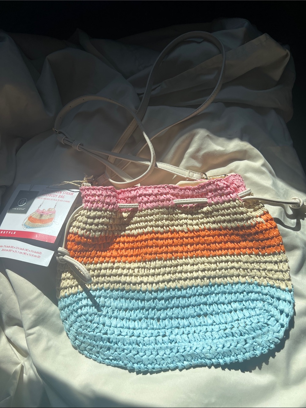 New handwoven straw Striped Crochet Crossbody Bag in Pink, Orange, Cream & Blue